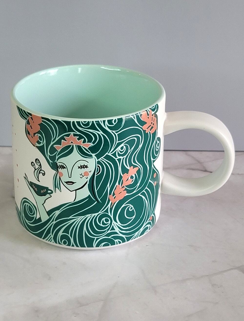 Starbucks 2018 Aqua Green Siren Mermaid Wave Tail Anniversary Coffee Mug 12 oz